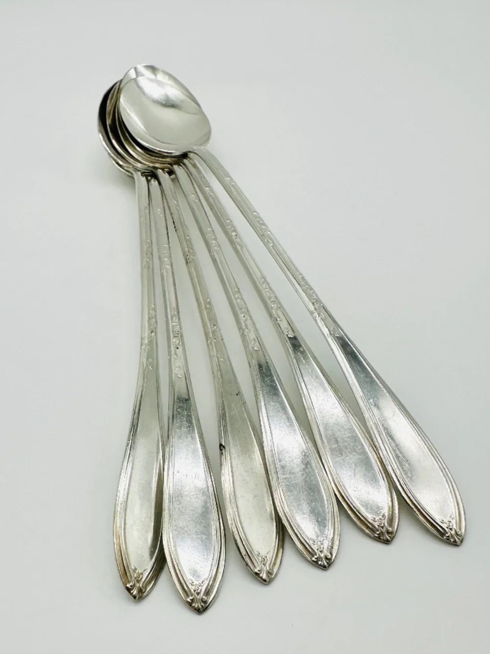 NEW ENGLAND Silver Plate Long Iced Tea Spoons LOT of 6 - Antique 1919 Rosemary
